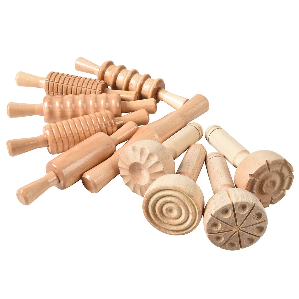 10-Piece Classic Wood Dough Tool Set | Sensory Play with Rolling Pins & Stampers