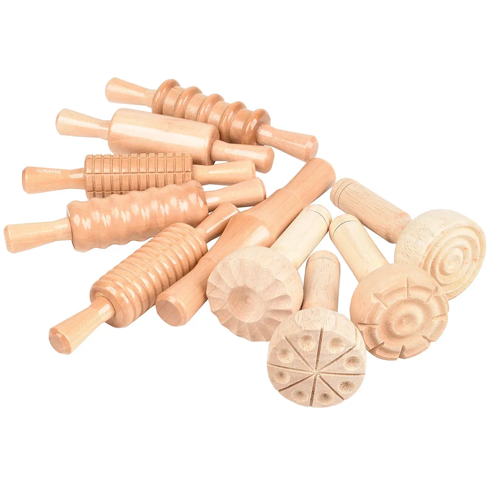 10-Piece Classic Wood Dough Tool Set | Sensory Play with Rolling Pins & Stampers