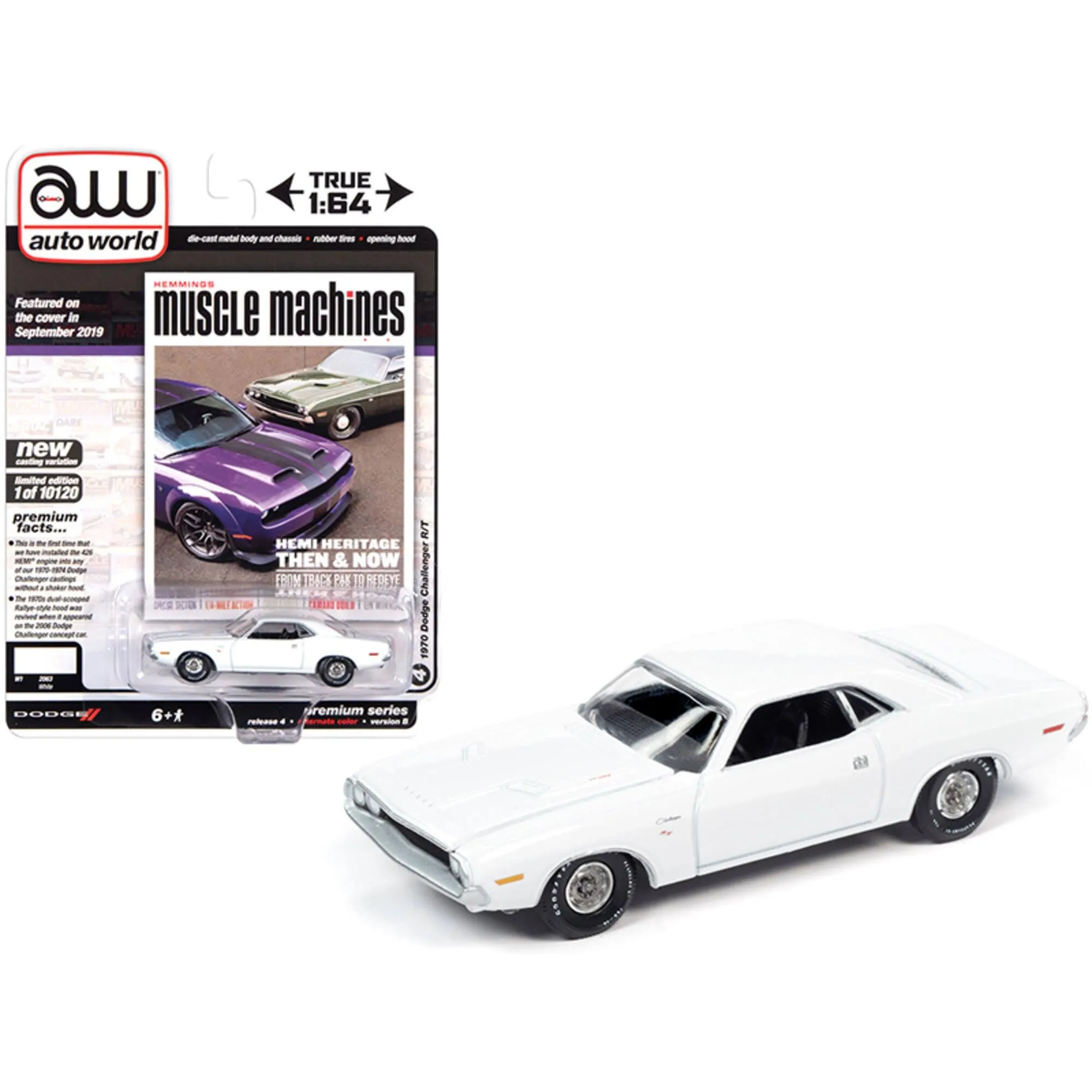 Autoworld 1/64 Diecast Model Car - Muscle Machines 1970 Dodge Challenger R/T White