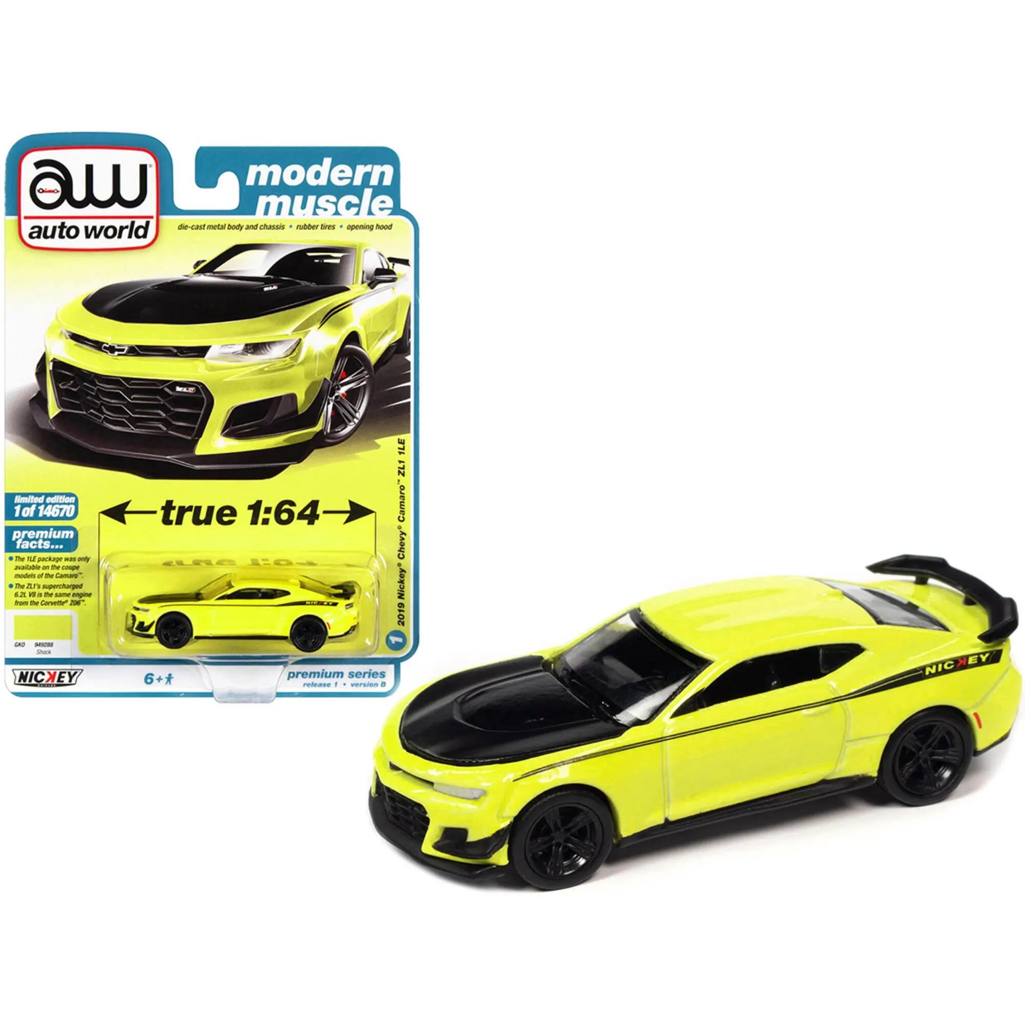 Autoworld 1/64 Scale Model Car - 2019 Chevrolet Camaro Nickey ZL1 1LE Shock Yellow