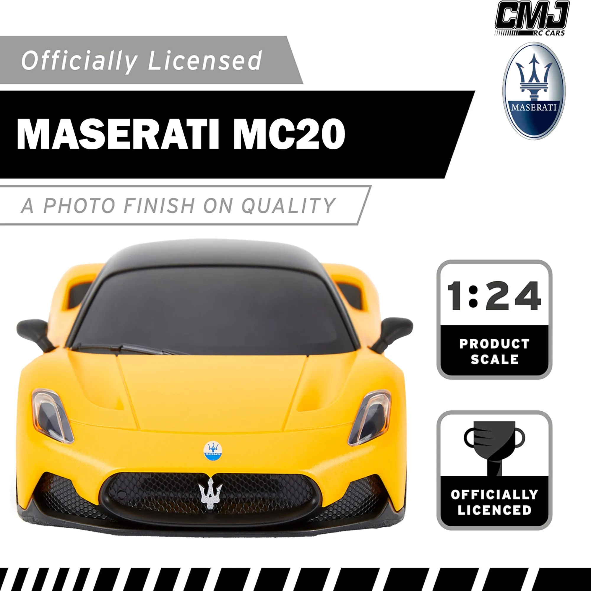 CMJ RC Cars: Maserati MC20 - 1:24 Scale Yellow Radio Control Sports Car with LED Headlights