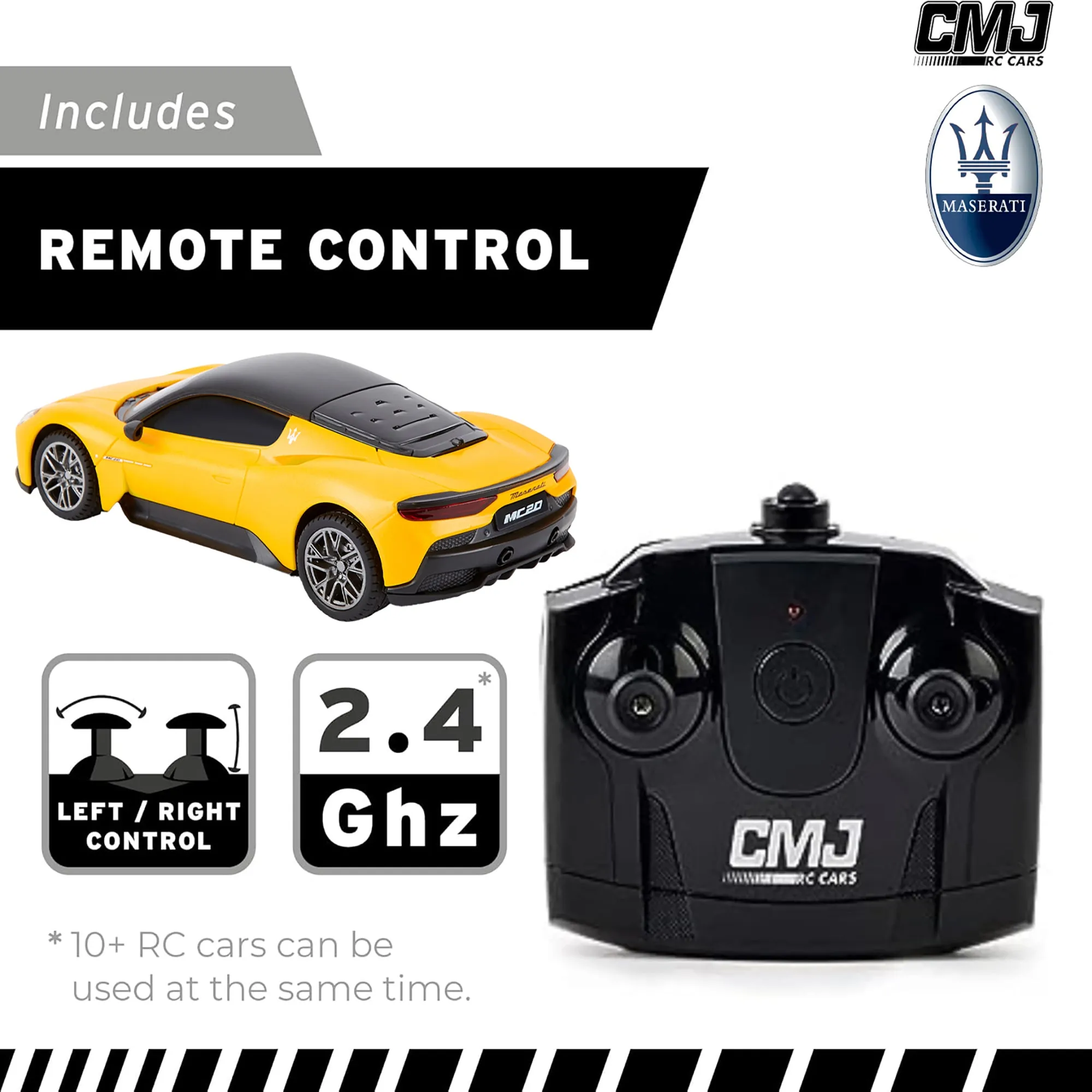 CMJ RC Cars: Maserati MC20 - 1:24 Scale Yellow Radio Control Sports Car with LED Headlights