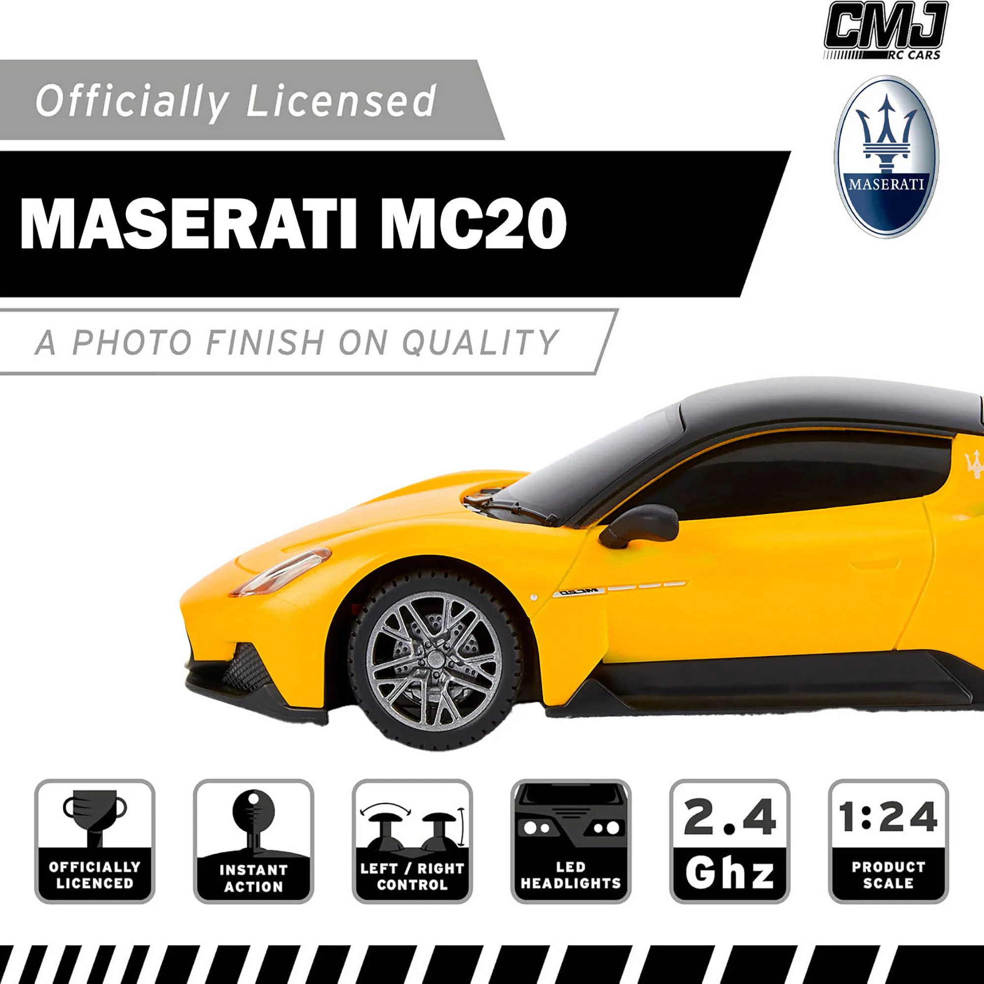 CMJ RC Cars: Maserati MC20 - 1:24 Scale Yellow Radio Control Sports Car with LED Headlights