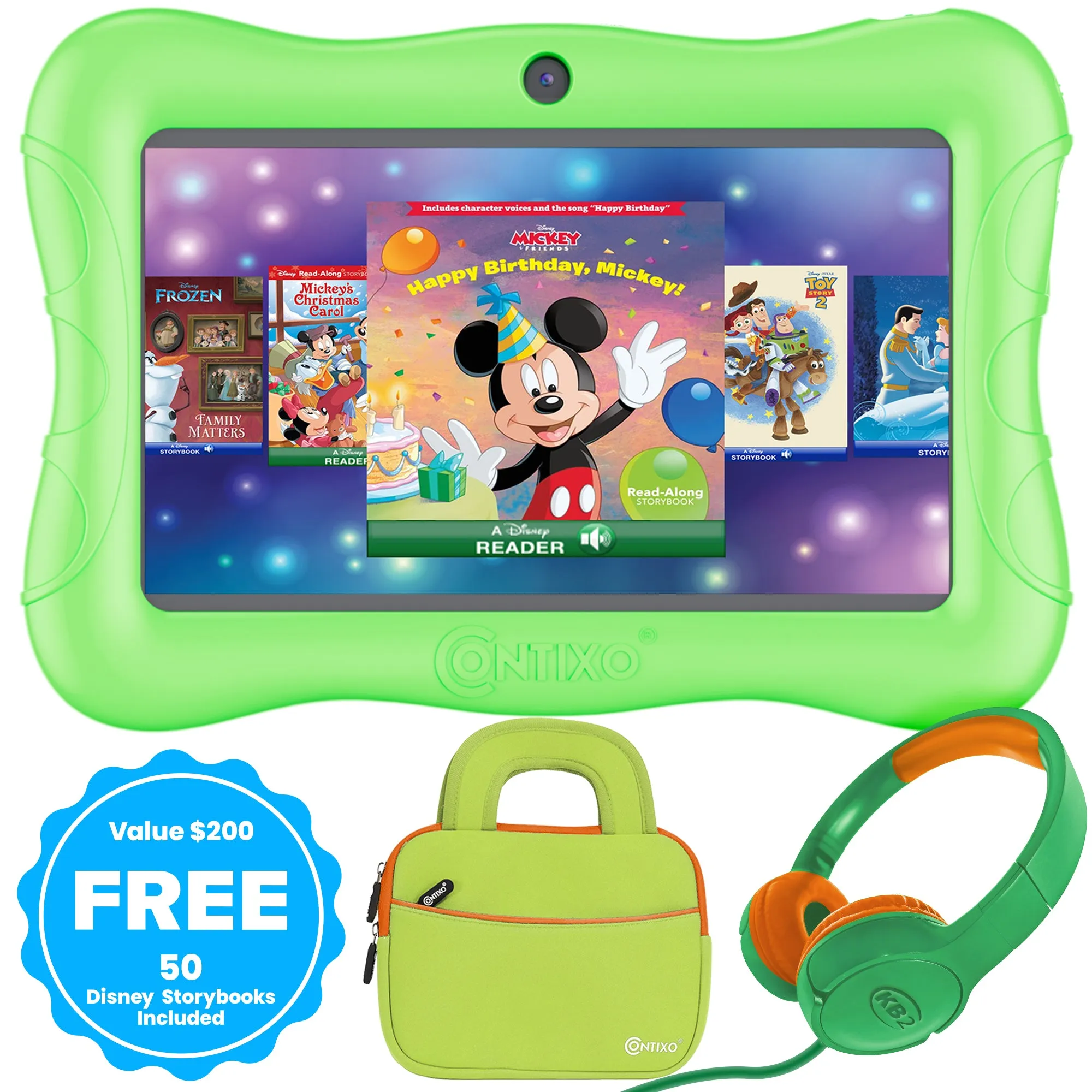 Contixo 7" Kids Tablet Bundle, 50 FREE Disney eBooks, Learning Android Tablet for kids 3-12, 32GB, Parental Controls, Kid-Proof Case with Kickstand, Includes Headphones, Carrying Case - Green