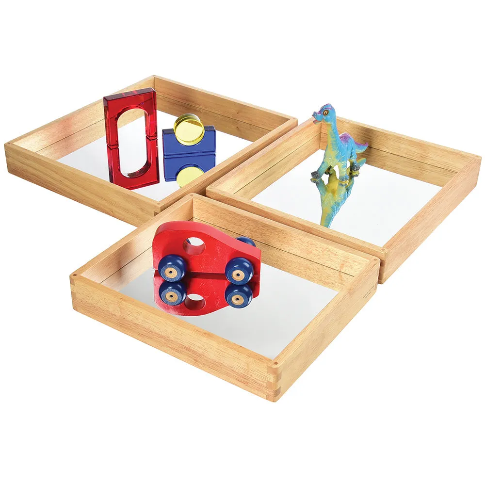 Reflective Observation Trays | Set of 3 Double-Sided Mirrored Wooden Trays for Exploring Light, Shadows & Structures