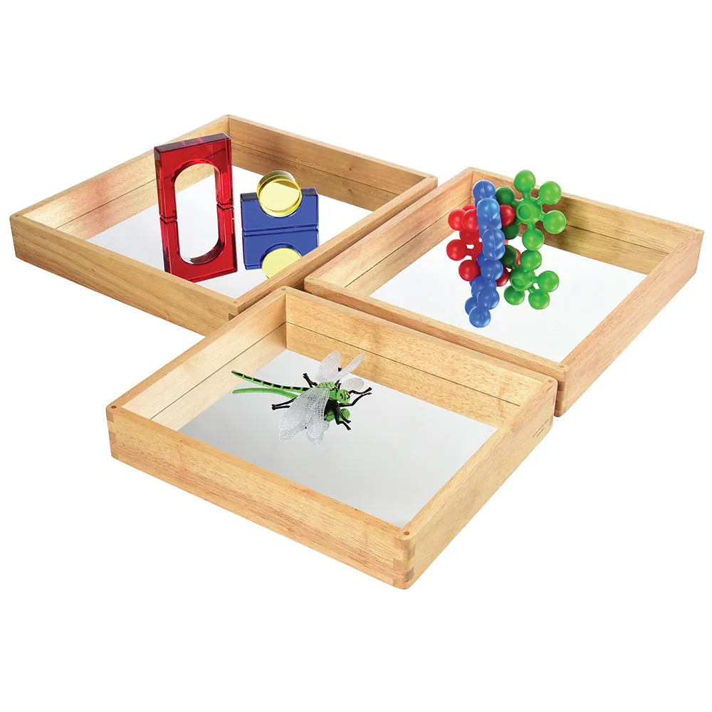 Reflective Observation Trays | Set of 3 Double-Sided Mirrored Wooden Trays for Exploring Light, Shadows & Structures