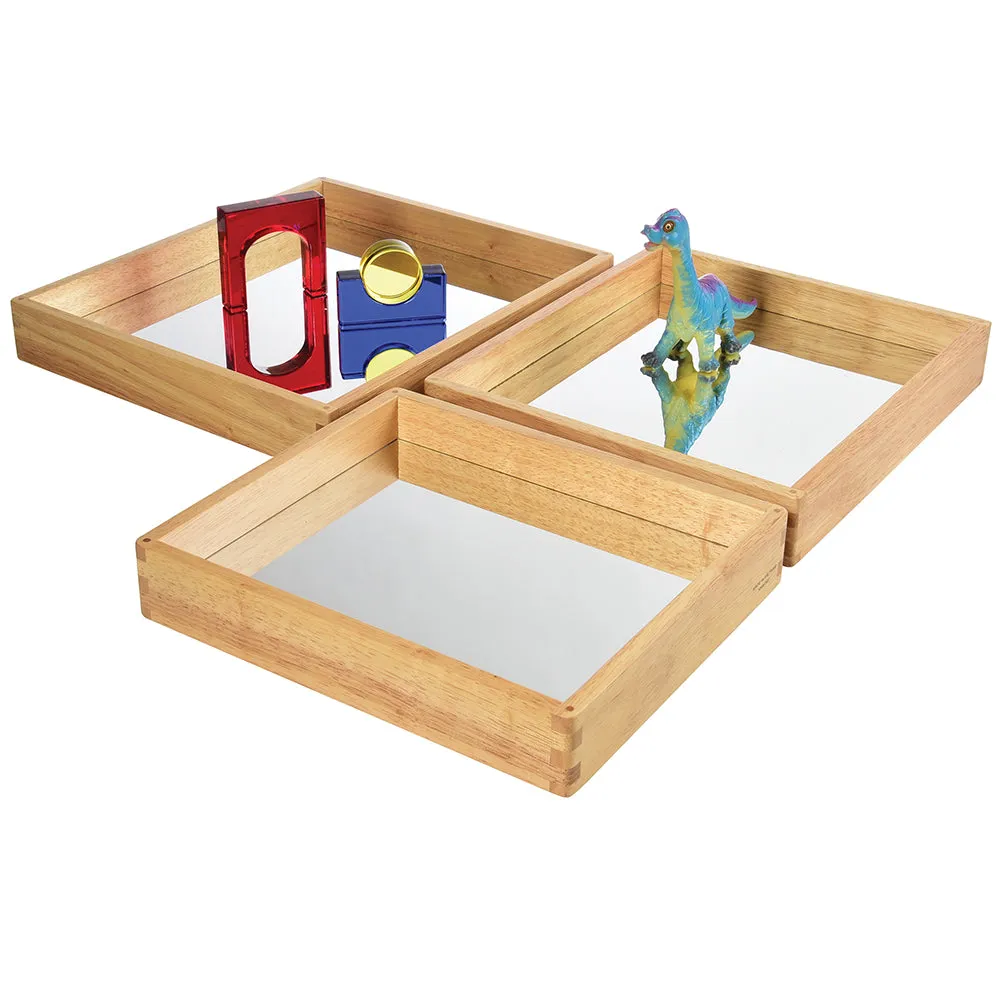 Reflective Observation Trays | Set of 3 Double-Sided Mirrored Wooden Trays for Exploring Light, Shadows & Structures