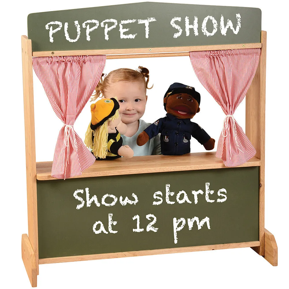 Wooden Puppet Stage with Candy-Stripe Curtains & Chalkboard